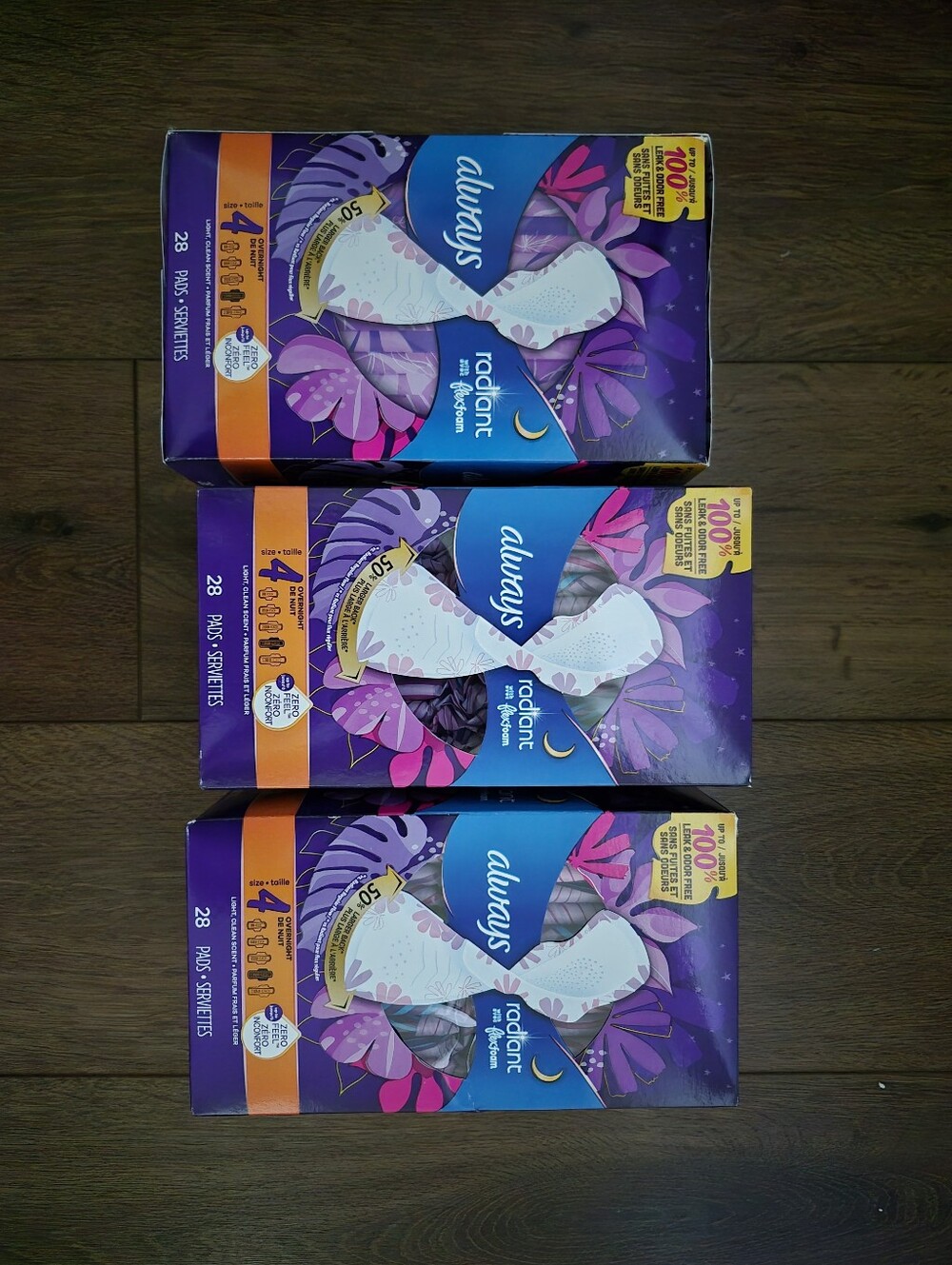 3 Packs Always Radiant Overnight Pads W/ Wings Heavy Absorbency Sz 4 28 Count